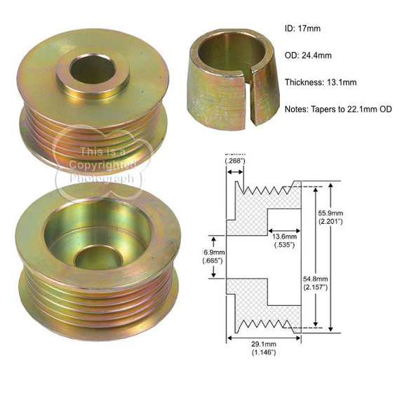 Alternator Pulley 6-Grooves, 16.9mm ID, 55.9mm OD for Delco with Tapered Collar - 79401285